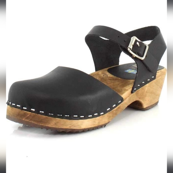 MIA Black Wooden & Leather Clogs - Picture 2 of 9
